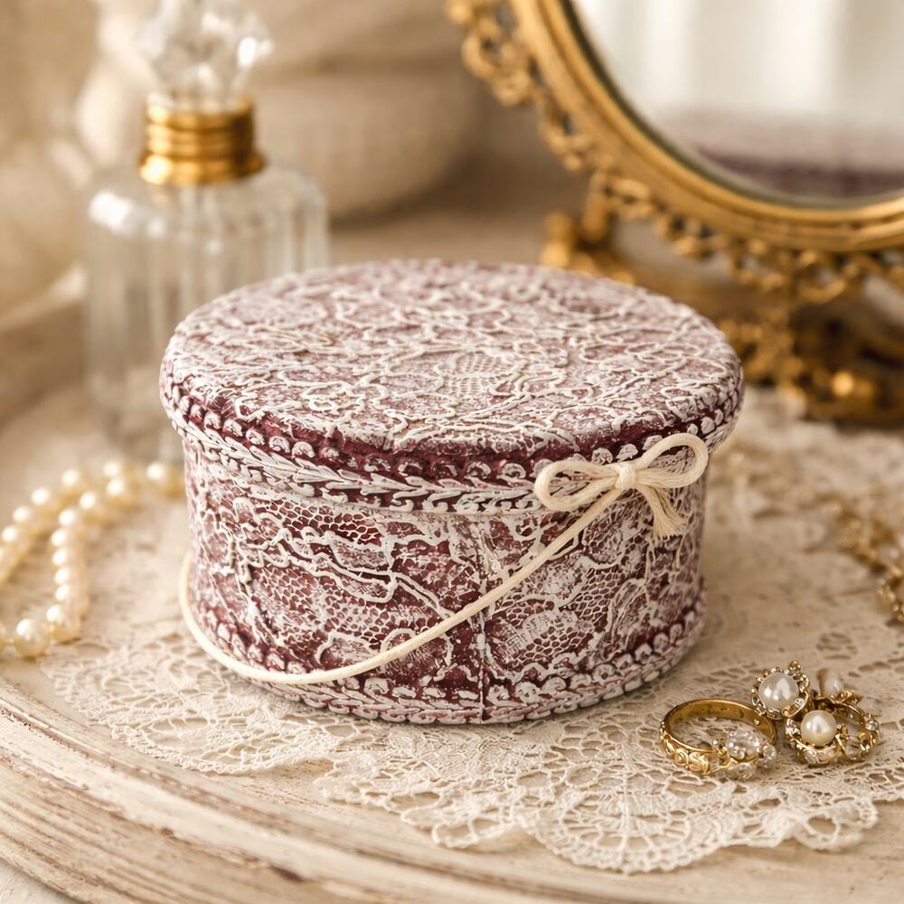 Vintage Lace Relief Ceramic Trinket Box, Cottagecore Vanity Decor